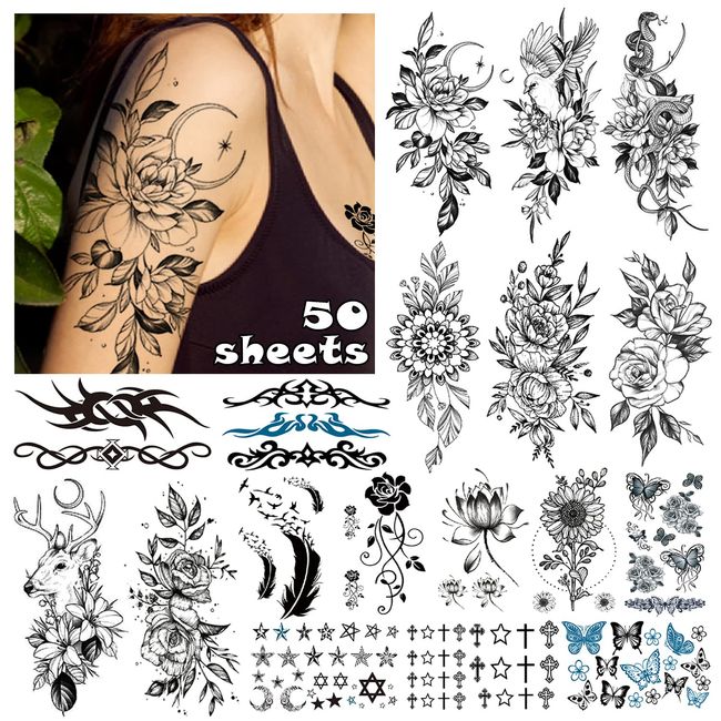 LEADTEAM 50 Blätter Temporäre Tattoos, Klebetattoos Erwachsene Tattoo Aufkleber Arm Tattoo, Fake Tattoos Klebe Tattoo Fake Tattoos Männer Tatoos Aufkleben Damen Tattoo zum Aufkleben Fake Tattoo Frauen