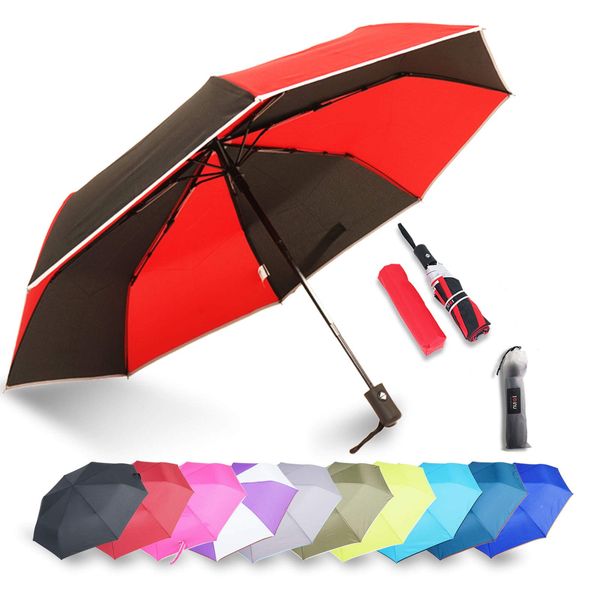 Factory Outlet - IXINU Automatic Open Close Portable Lightweight Travel Umbrella Parasol Outdoor Sun & Rain All Weather Umbrella (Black+Red)