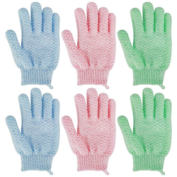 Augoog Bath Gloves, Bath Gloves, Body Wash Gloves, Five Fingers, Foaming Exfoliation, Shower Bath Gloves, Nylon, Exfoliating, Foaming & Degrading Gloves, 6 Pieces, 3 Colors