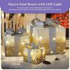 Marco Paul Christmas Set of 3 Snow Frosted Light Up Faux Gift Boxes Pre-Lit Warm White LED Parcels Battery Operated Festive Decoration Xmas Sparkly Gifts (Gold and Silver)