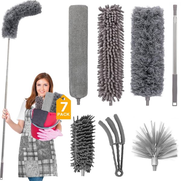 FumyFumy Staubwedel Teleskop Lang Ausziehbar, Staubwischer Waschbar Spinnwebenbesen mit Teleskopstiel, Spinnenwebenentferner Staubwedel mit Teleskopstange Ausziehbar auf 2.6m für Spinnenweben 7Pcs