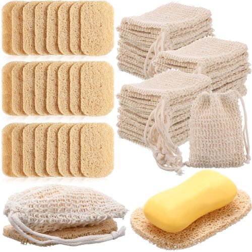 Mumufy 48 Pieces Soap Bag Soap Saver Pads Set, 24 Pieces Travel Soap Saver Pouch Body Exfoliator Sponge Soap Bar Loofah Soap Scrubber for Body Bath Bathroom Shower Hotel Cleaning, Beige