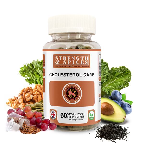 Strength & Spices Cholesterol Care, Cholesterol Lowering Supplements with 14 Powerful Ingredients, Vegan Supplements Rich in Omega 6 and Plant Sterols, Fast-Absorbing Formulation, 1000mg, 60 capsules