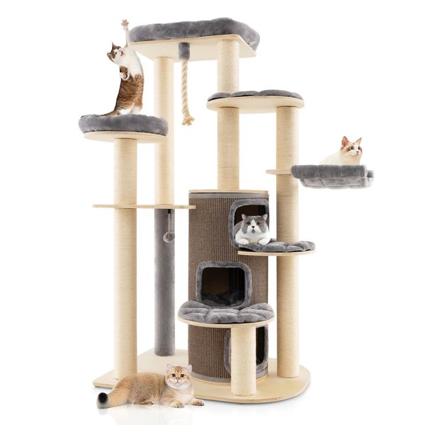 Wooden Cat Tree Multi-Level Kitten Tower w/ Condo Perches Scratching Posts Grey