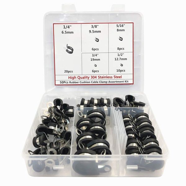 Cable Clamps Assortment Kit,50pcs Rubber Cushion Insulated Clamp.Stainless Steel Pipe Clamp