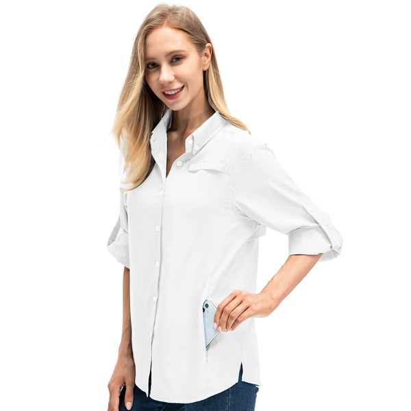 Women's Quick Dry Sun UV Protection Convertible Long Sleeve Shirts for Hiking Camping Fishing Sailing (5024 White XL)