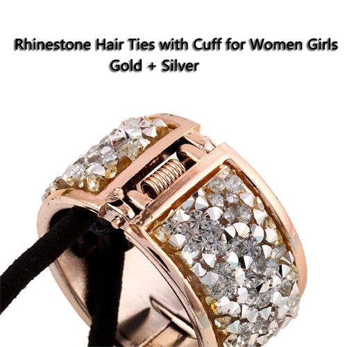 2 x Metal Elastic Hair Ties with Rhinestones Ponytail Holder Hair Band Hair Rope Hair Accessories for Women and Girls (Gold+Silver)