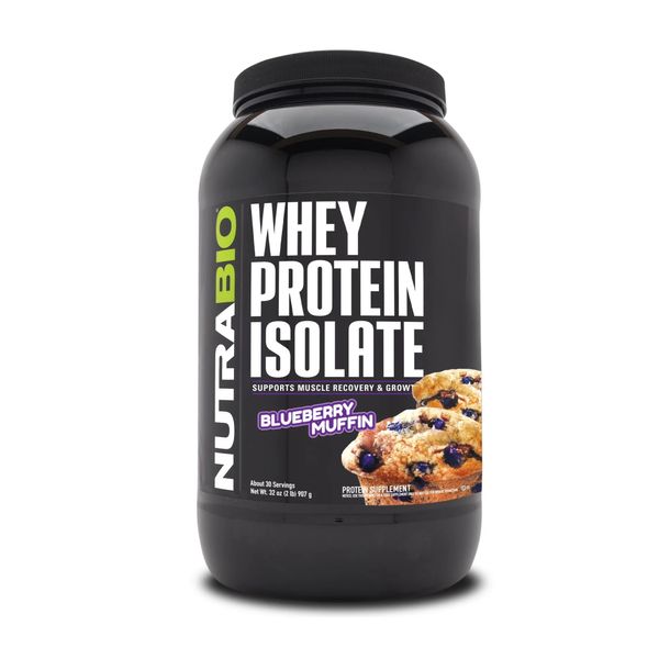 NutraBio Whey Protein Isolate Supplement – 25g of Protein Per Scoop with Complete Amino Acid Profile - Soy and Gluten Free Protein Powder - Zero Fillers and Non-GMO - Blueberry Muffin - 2 Lbs