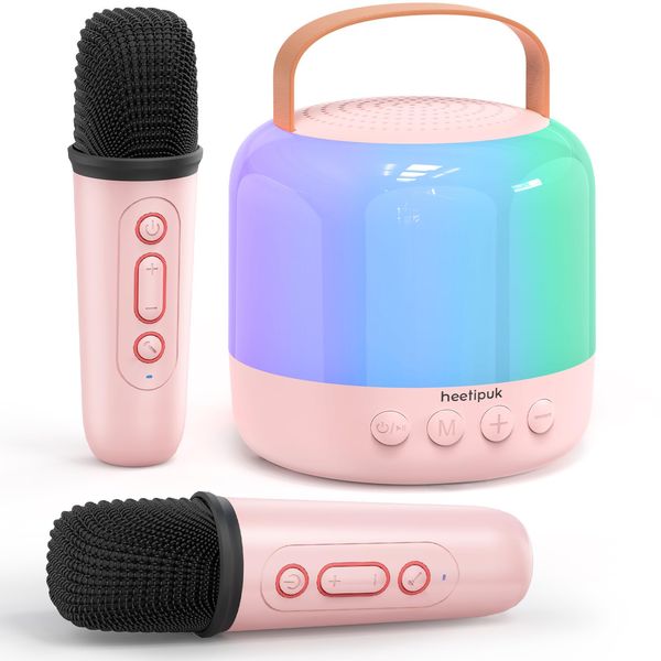 Mini Karaoke Machine for Kids Adults,Portable Bluetooth Speaker with 2 Wireless Microphones Toys Gifts for Girls 4-12 Years Old,Karaoke Speaker with Dazzling Lights (Pink-Square Mics)