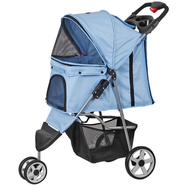 3 Wheels Pet Dog Stroller Portable Folding Dog Stroller Travel Carriage Blue