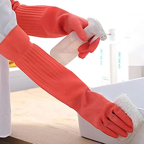 Grkoo Thick Rubber Gloves, Super Long (1 Pair), Kitchen Gloves, Waterproof Gloves, Long Dishwashing Gloves, Long Sleeve, Cleaning Gloves, Rubber Gloves, Kitchen (Yellow, M)