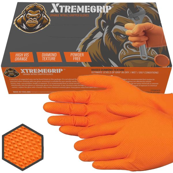 Xtremeauto Nitrile Gloves - Disposable Gloves, Diamond Grip Orange Gloves - Powder-free & Latex Free Nitrile Gloves, Extra Thick & Strong Rubber Gloves Mechanics Gloves (1 Box, Medium)