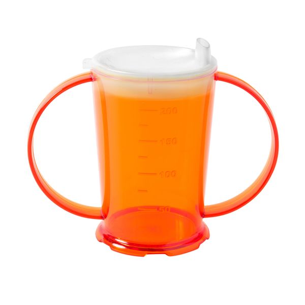 Harfield Translucent Orange 2-Handled Beaker & Wide Spout Drinking Aid Sippy Cup Reusable Virtually Unbreakable Copolyester Plastic