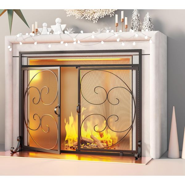 Fireplace Screen with Magnetic Doors,Large Metal Fireplace Screen for Home,Spark