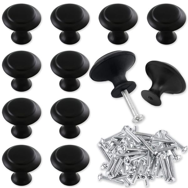 Acehome 12 Pack Flat Cabinet Round Knob with Mounting Screws, Matte Black Metal Kitchen Cabinet Pulls Door Drawer Handles Knobs for Dresser Drawers, 1 Inch (27mm)