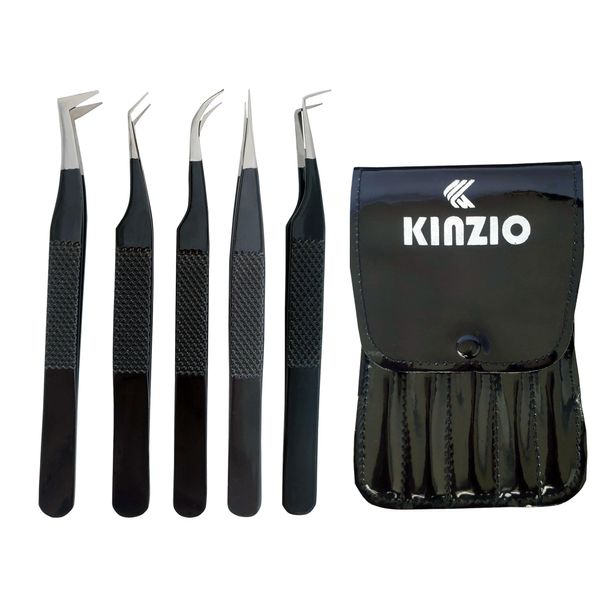 KINZO Lash Tweezers for Eyelash Extensions Tweezers Set of 5, Japanese Stainless Steel, Straight Curved 45 90 Degree Volume Eyelash Tweezers (Balck, 5 pcs Set)