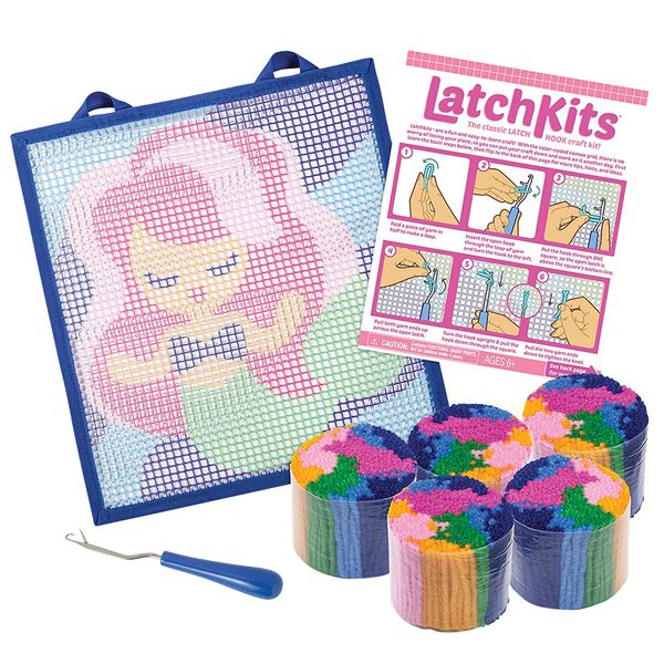 LatchKits Latch Hook Kit for Wall Hangings & Mini-Rugs - Mermaid - Craft Kit with Easy, Color-Coded Canvas, Pre-Cut Yarn & Latch Hook Tool - Perfect DIY Craft for Kids - Ages 6+