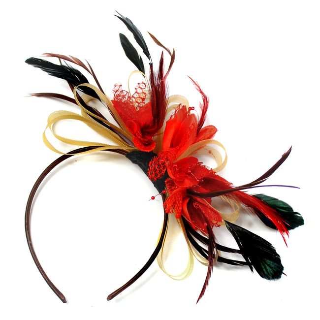 Caprilite Fashion Gold and Red Net Hoop Feather Hair Fascinator Headband Wedding Royal Ascot Races