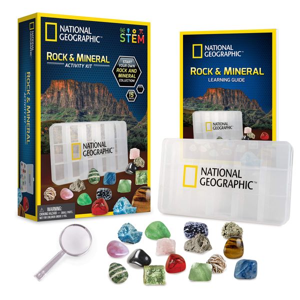 NATIONAL GEOGRAPHIC Rocks and Minerals Education Set – 15-Piece Rock Collection Starter Kit with Tiger’s Eye, Rose Quartz, Red Jasper, and More, Display Case and Identification Guide