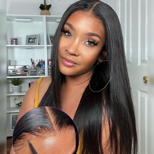 RONTAYA Wear and Go Glueless 6x4 Lace Front Wigs - Straight Human Hair Wig With Pre Plucked HD Lace, 180% Density (20inch, Natural Black)