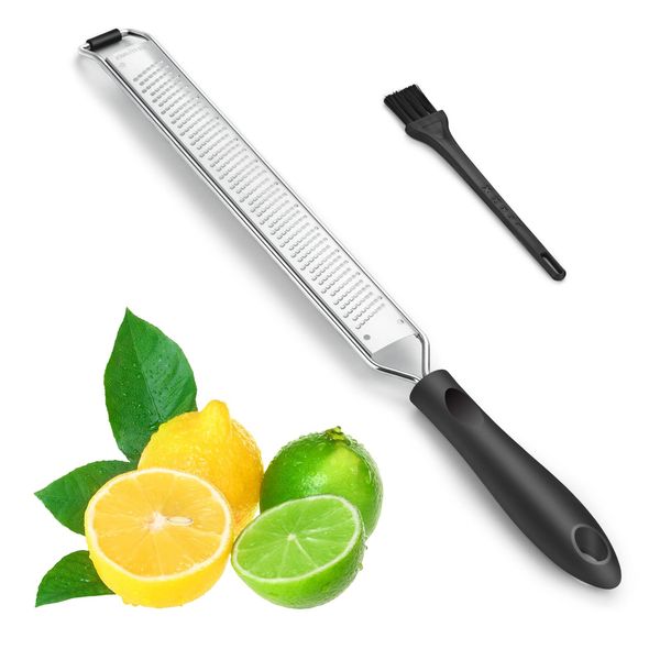 Upgraded Lemon Zester Tool, Hand Cheese Grater with Handle, Fine Rasp for Kitchen Handheld, Grate for Fruit, Citrus, Lime, Orange, Stainless Steel SUS304 by HAOZAN (Black)