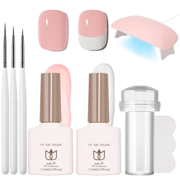 French Manicure Kit, White and Salmon Nude Gel Nail Polish, Nail Art Set with UV/LED Lamp and Nail Stamper, Gel Nail Polish Set for French French Tips Manicure DIY at Home
