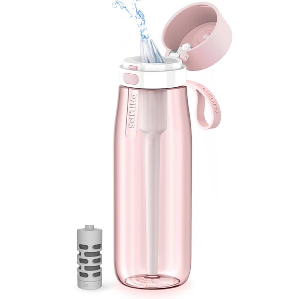 Philips GoZero Everyday Filtered Water Bottle with Philips Everyday Water Filter, BPA-Free Tritan Plastic, Purify Tap Water Into Healthy Drinking Tasting Water, 22 oz, Pink