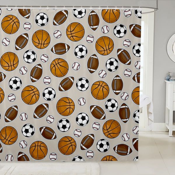 Feelyou Kids Baseball Fabric Shower Curtains American Football Basketball Shower Curtain for Kids Boys Girls Soccer Curtains Sports Game Bathroom Waterproof Accessories with 12 Hooks,72x84 Inches