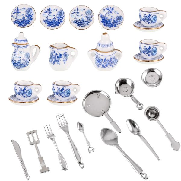 Xinjieda 26 Pcs 1:12 Dolls House Accessories 15 Porcelain Miniature Tea Set with 11 Plastic Mini Dolls Plates Knife Fork Spoon Dollhouse Miniatures Kitchen Accessory Floral Style Dollhouse Accessories