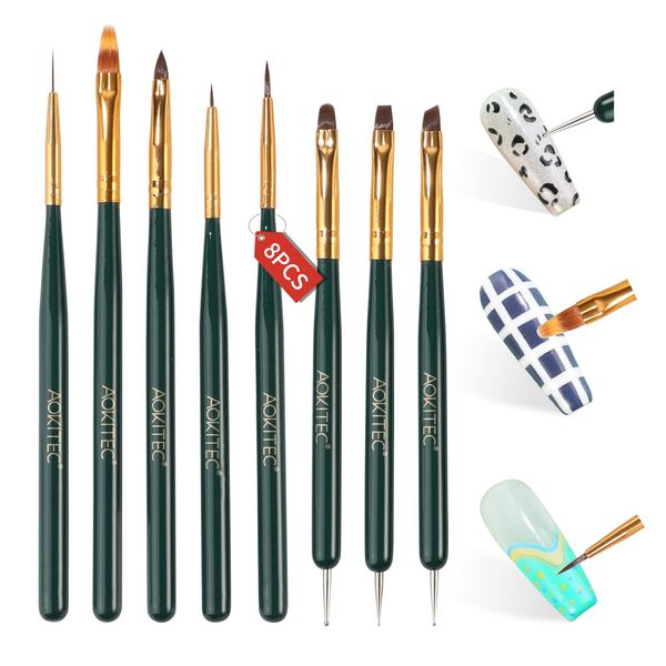 Aokitec Pack of 8 Brushes for Gel Nails, 11 Functions, Nail Art Brush Set, Nail Brush for UV Nail Polish, Builder Gel, Poly Gel, Dotting Painting Line Pattern, Make Your Own Nails, Green