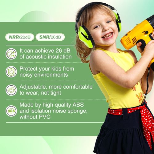 Kriogor 2 Pack Ear Defenders Children,26dB SNR Noise Cancelling Headphones Hearing Protection Earmuffs,Soft Kids Ear Defenders Adjustable Adult Ear Protector for Autism Airplane Study Fireworks(Green)