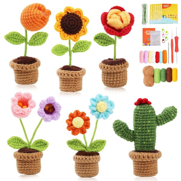 Doxiru Crochet Kit for Beginners, 6Pcs Crochet Flower Crochet Starter Kit, Crochet Yarn Kit with Step-by-Step Instructions and Video Tutorials for Gifts Decorative Home