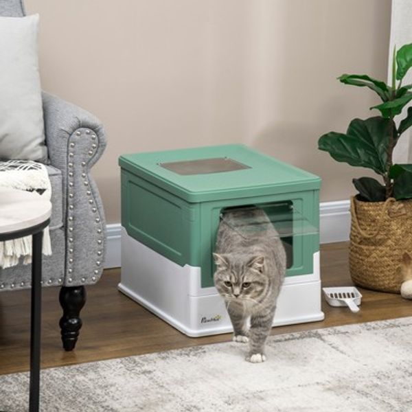 Fully Enclosed Cat Litter Box with Front Entry, Top Exit, Green