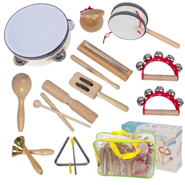 Wooden Musical Instruments Set for Toddlers 1-3, Natural Wood Percussion Instruments Xylophone Gift Set for Girls Boys Kids ,Preschool Educational Musical Toys with Storage Bag (Log Color)