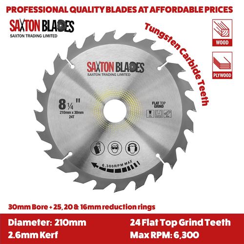 Saxton Flat Top TCT Circular Saw Blade 210mm x 24T x 30mm Bore + rings fits Bosch Makita etc