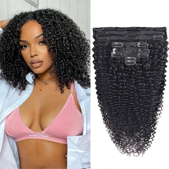 HLSK Kinky Curly Clip in Hair Extensions Human Hair for Black Women -120G 16Inch 8Pcs 18Clips Double Weft Brazilian Remy Human Hair Curly Clip in Extensions Thick to Ends Natural Black