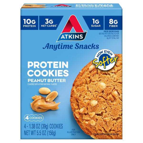 Atkins, Snacks, Protein Cookies, Peanut Butter, 4 Pieces, 1.38 oz each