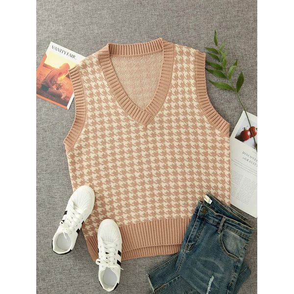 Sdencin Women Houndstooth Pattern Knit Sweater Vest Sleeveless Loose V-Neck 90s Waistcoat Pullover Knitwear Top Khaki