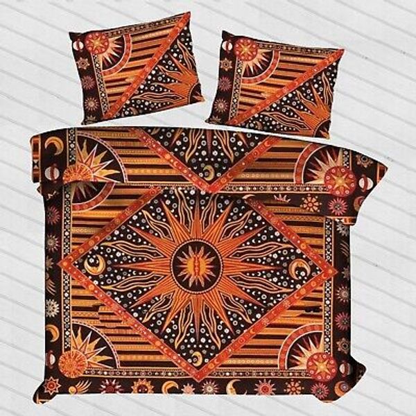 Indian Multi Burning Sun Mandala Quilt Duvet Cover Queen Size Throw Bedding Set