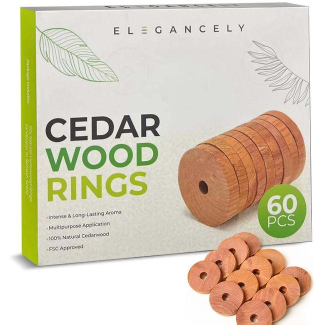 60 Pack Cedarwood Moth Repellent for Wardrobes, 100% Natural Anti Moth 4.5cm Cedar Rings - Substitute to Moth Balls and Humane Moth Killer - Sandpapers & Storage Bag Included