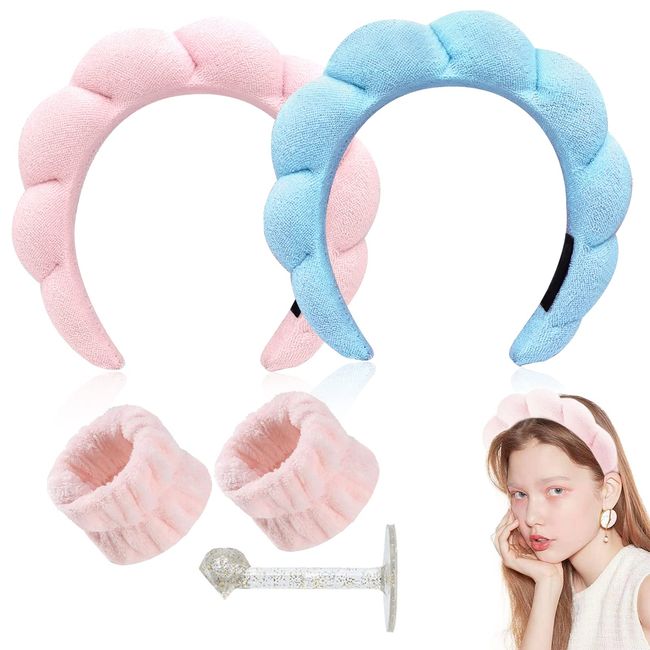 NewBang 2pcs Sponge Spa Headband for Women Girl Terry Towel Cloth Fabric Skincare HeadBands Wristband for Washing Face Makeup Removal Shower Yoga Puffy Padded Soft Head Band Hairband Set Pink & Blue