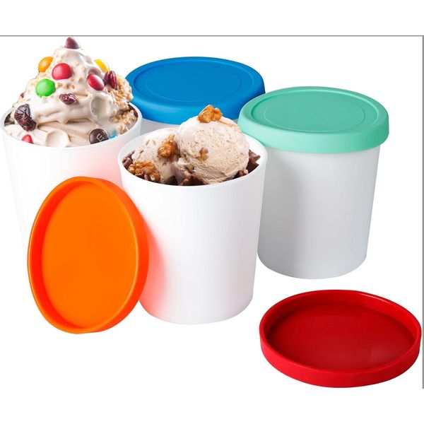 FOUR Ice Cream Containers- 1 Quart Freezer Storage Tubs with Silicone Lids