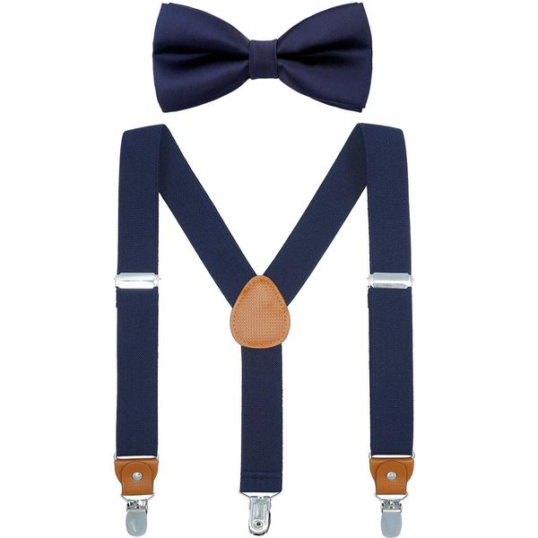 WELROG Child Boys Adjustable Silk Bowties & Suspender Sets Y Back Metal Clips Genuine Leather Suspenders (Navy blue + Navy blue bowtie)