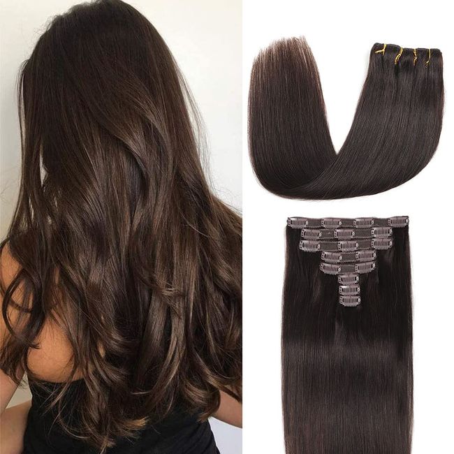 Clip in Hair Extensions Real Human Hair 8 Pieces Straight Real Remy Human Hair Full Head Human Hair Extensions Clip in Double Weft Real Remy Hair (18 Inch, 2 Dark Brown)