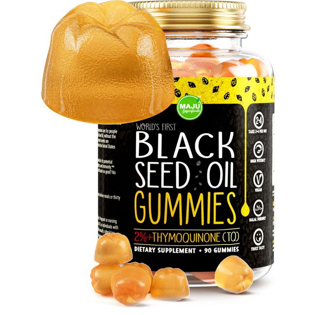 MAJU's Black Seed Oil Gummies, World's 1st, 2.5X Per BSO Gummy, Cumin Nigella Sativa Oil, Cold-Pressed, Potent Formula with Cinnamon Extract, Tasty, 500mg 90ct