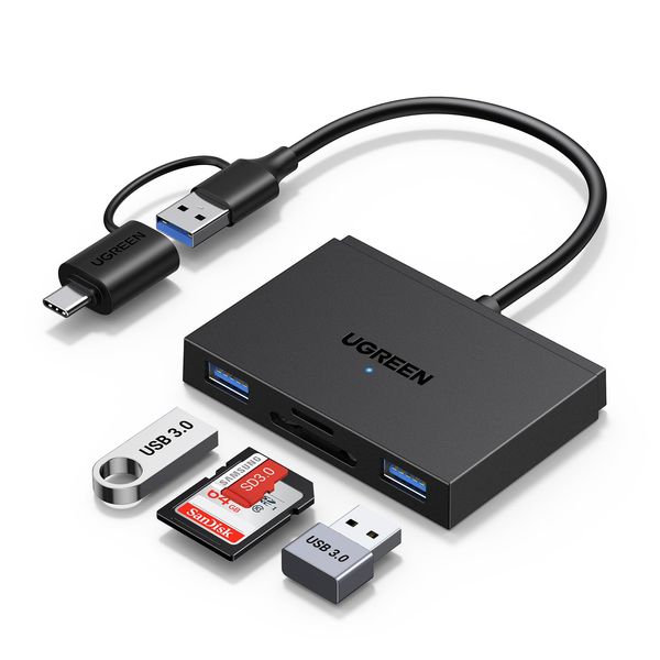 UGREEN 4 in 1 SD Kartenleser, USB C & USB 3.0 OTG Adapter und Kartenlesegerät mit SD, TF and 2*USB 3.0 Ports, SD Card Reader 5Gbps kompatibel mit Handy/iPad/Laptop/Desktop