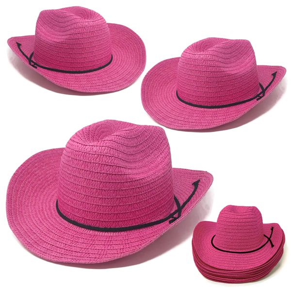 Podzly 12 Pieces 24" Straw Cowboy Hats - Western Style for Men & Women - Country Accessories for Cowgirl, Concerts, Birthdays, Events & More - Pink