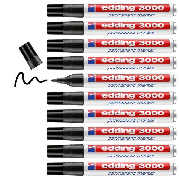 edding 3000 Permanentmarker - schwarz - 10 Stifte - Rund-Spitze 1,5-3 mm - schnell trocknender Permanent Marker - wasserfest, wischfest - für Karton, Kunststoff, Holz, Metall - Universalmarker