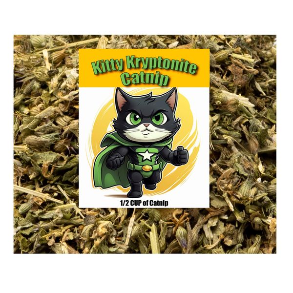 DesertUSA Kitty Kryptonite Catnip Blend - North American Crafted, 100% Natural, and Non-Addictive Catnip Treats for Enhanced Playfulness. Perfect for Cat Accessories (1/2 Cup)