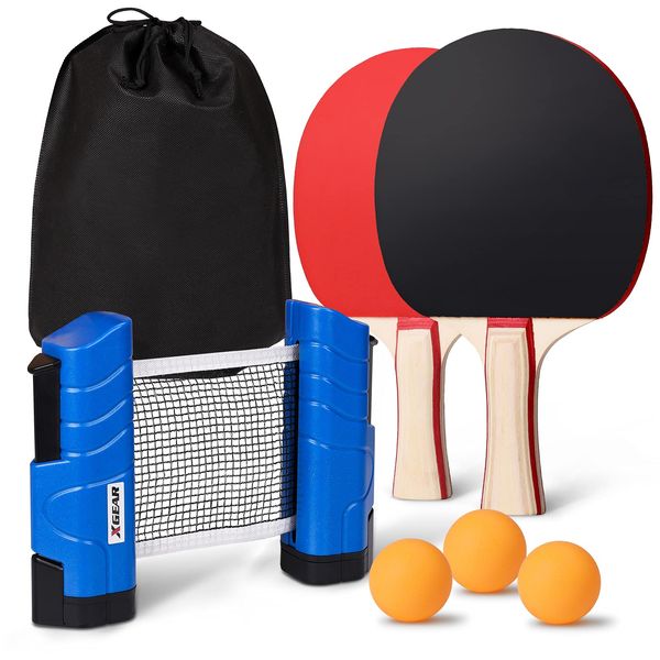 XGEAR Anywhere Ping Pong Equipment to-Go Includes Retractable Net Post, 2 Ping Pong Paddles, 3 pcs Balls, Attach to Any Table Surface, Lake Blue